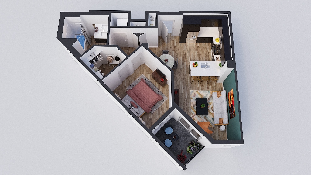 Floor plan for 1 bed, 1 bath, 740 sqft